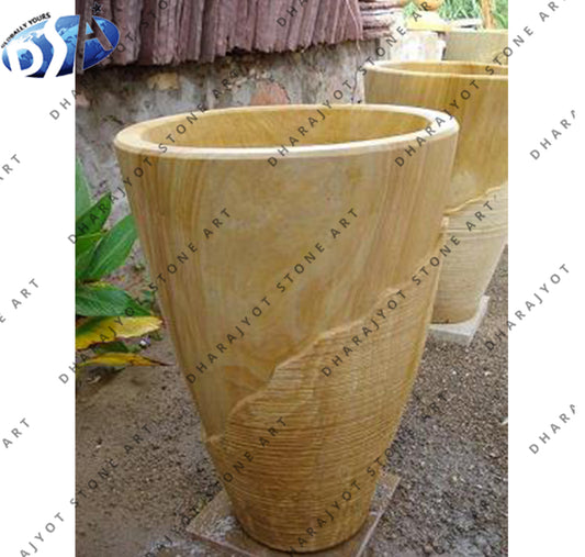Yellow Round Lining Sandstone Flower Pot