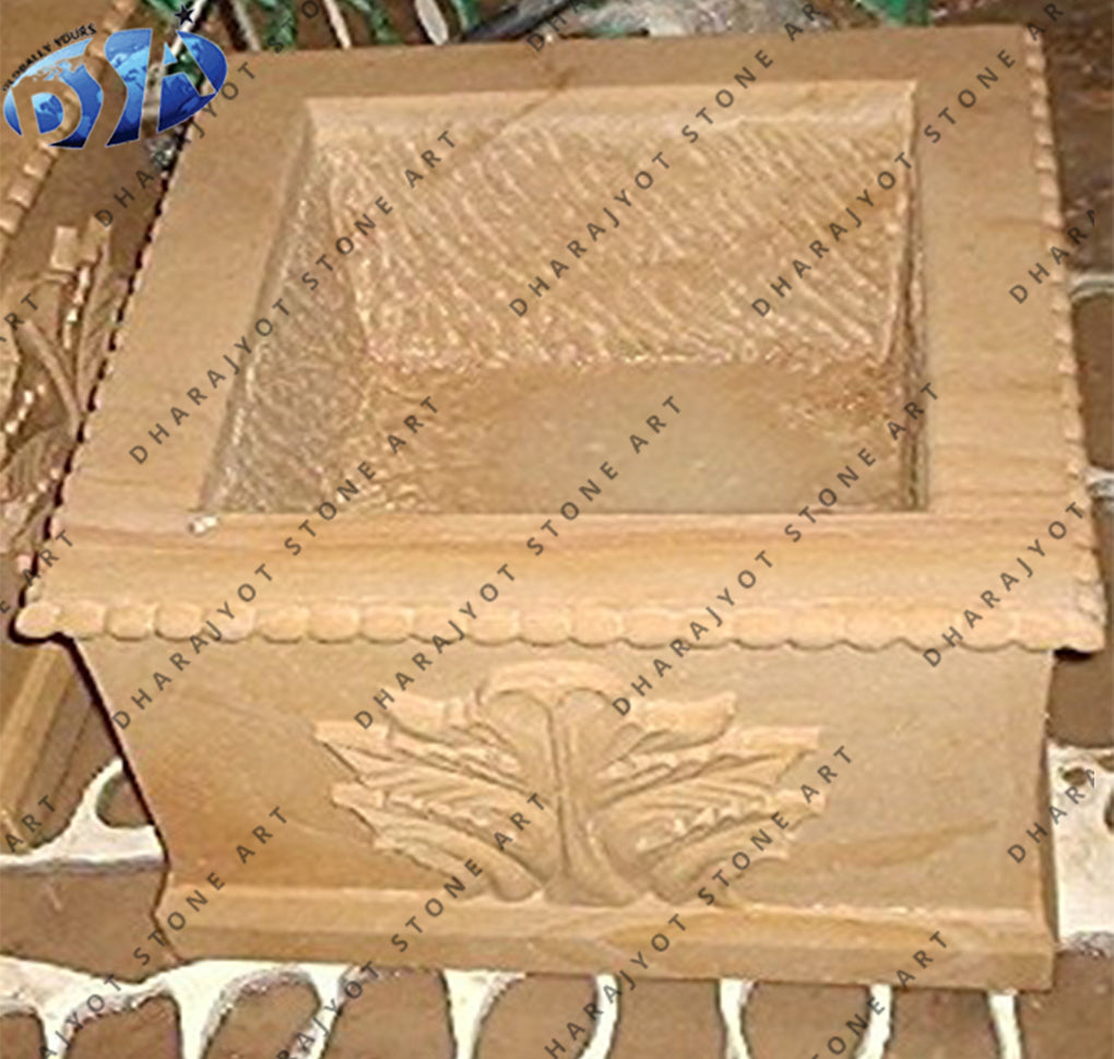 Handmade Yellow Sandstone Hand Carved Flower Planter