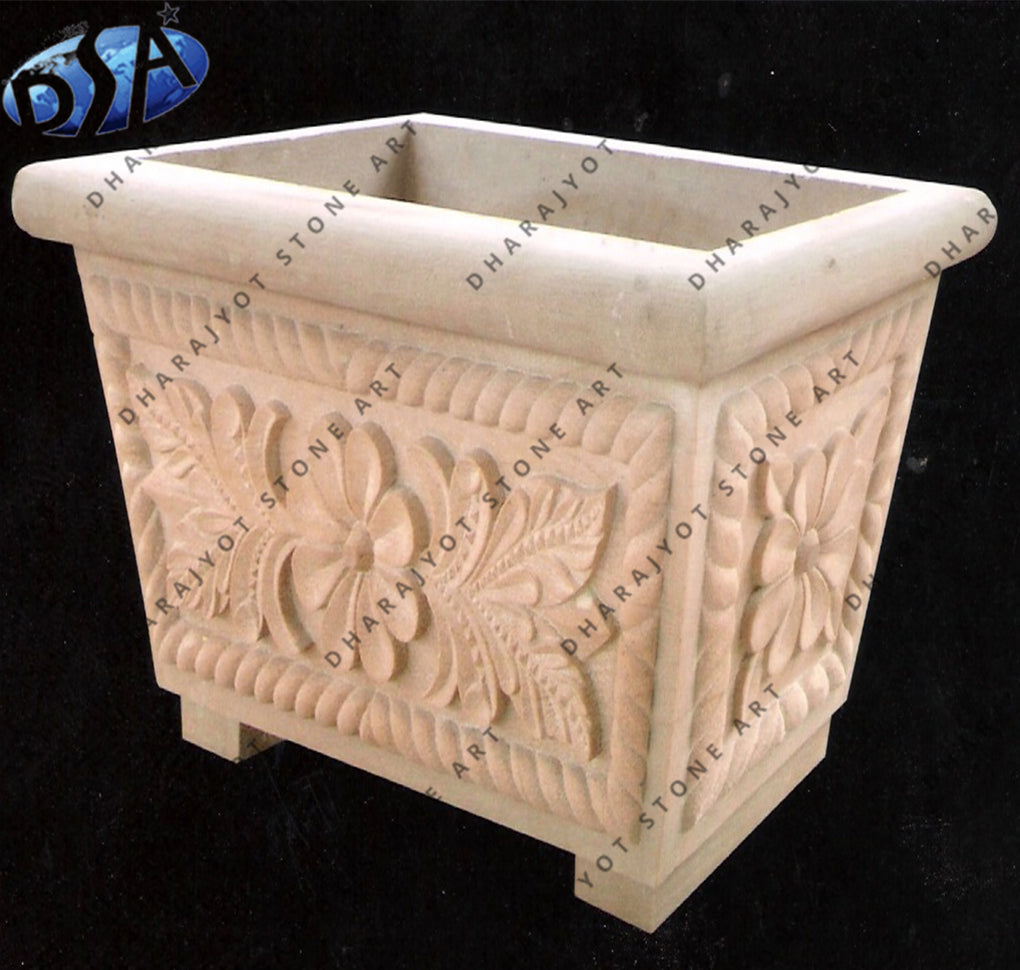 Beige Luxurious Hand Carved Sandstone Garden Planter