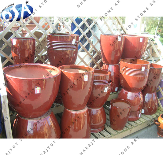 Round Red Stone Flower Pot & Planter
