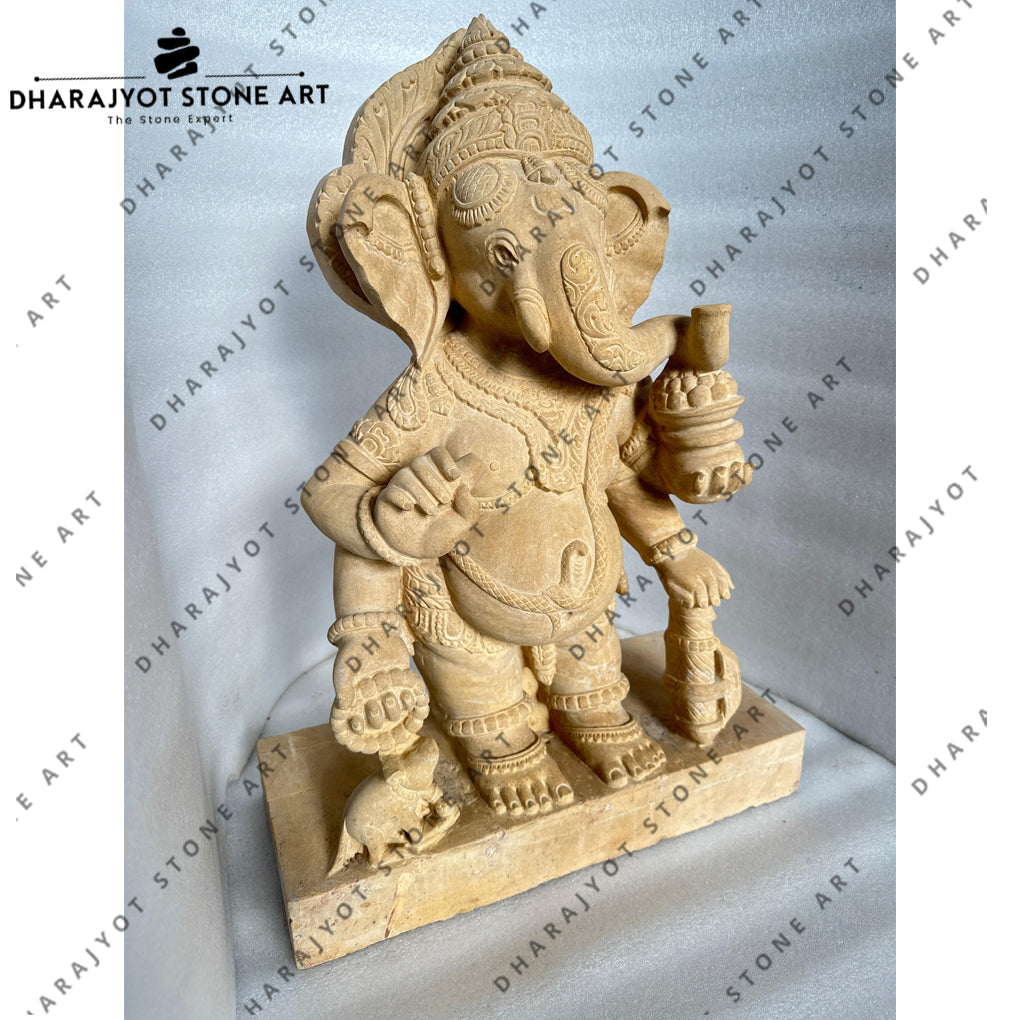 Traditional Detailing Design Handcrafted Standing Stone Ganesh Idol
