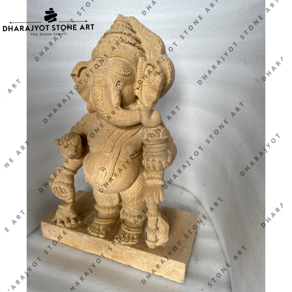 Traditional Detailing Design Handcrafted Standing Stone Ganesh Idol
