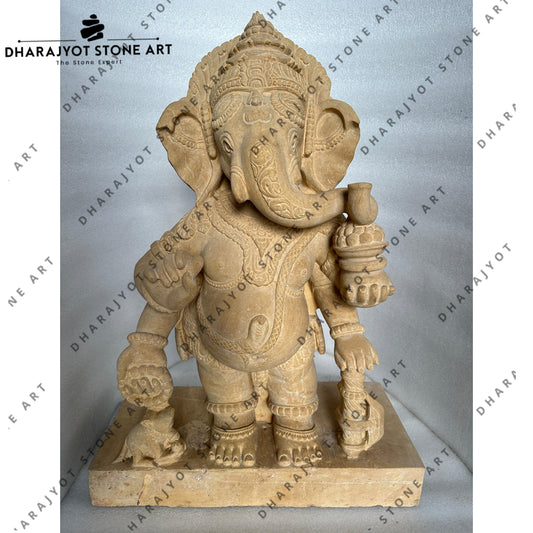 Traditional Detailing Design Handcrafted Standing Stone Ganesh Idol