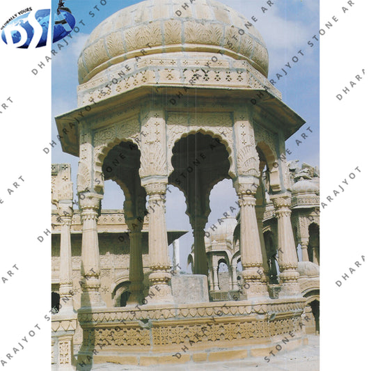 Hand Carved Beige Marble Outdoor Gazebo