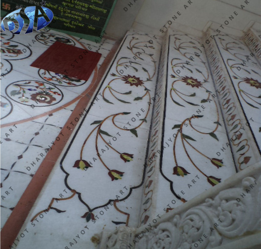 White Marble Temple Inlay Stairs – Dharajyot Stone Art