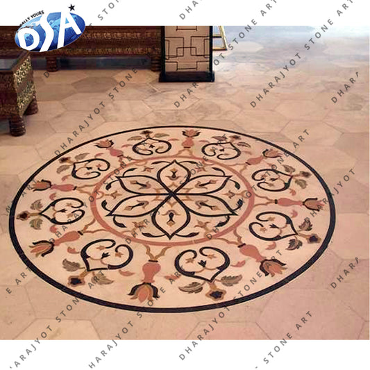 Round Marble Inlay Flooring White Marble Stone Inlaid Flooring Patterns