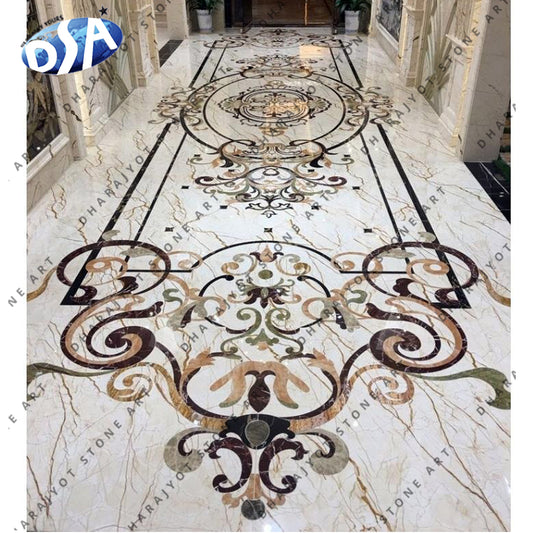 Indoor Outdoor Flower Inlay Flooring Tile Hotel Lobby Medallion Marble Tile Brown Waterjet Marble