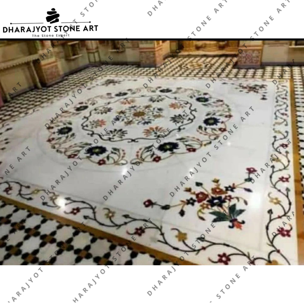 Stone Area Rug Inlay White Italian Marble Handmade Inlay Flooring – Dharajyot Stone Art