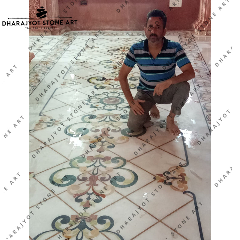 Multicolour White Marble Inlay Floor Medallion Flooring