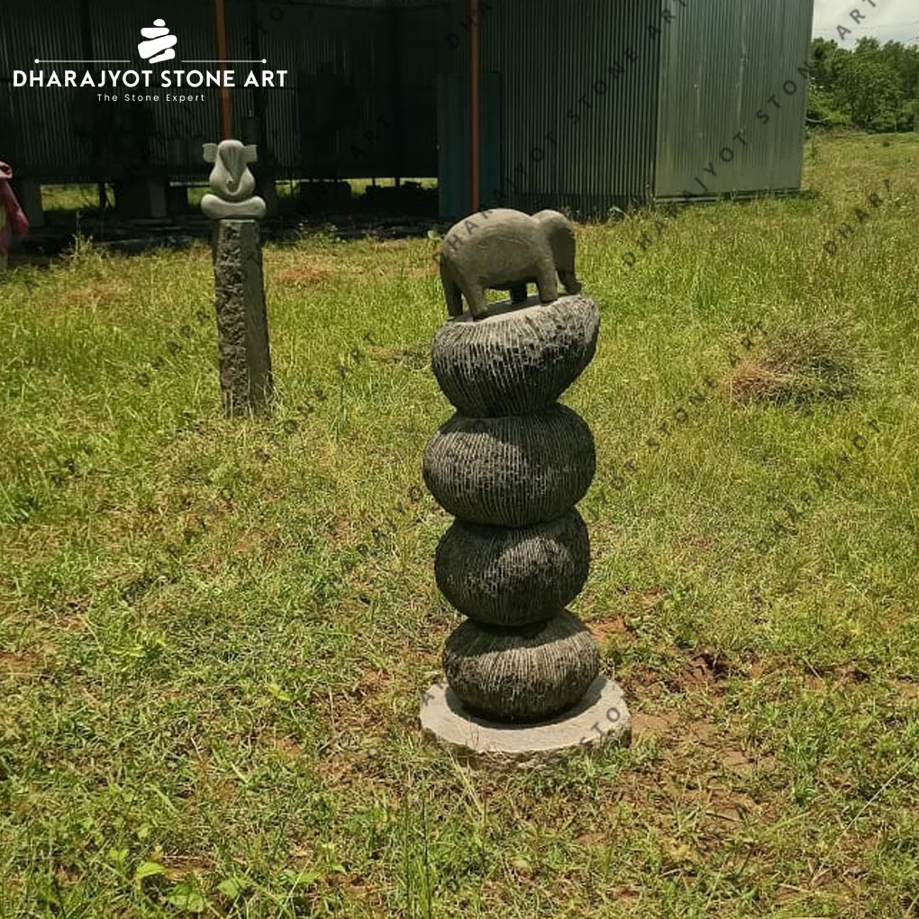 Handcrafted Pebble Stack with Elephant Outdoor Modern Art