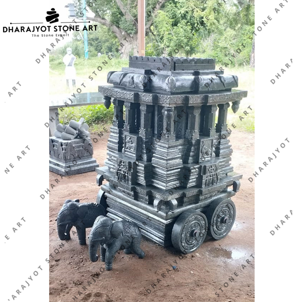 Traditional Ratha Sculpture with Decorative Elephants Indian Stone Art