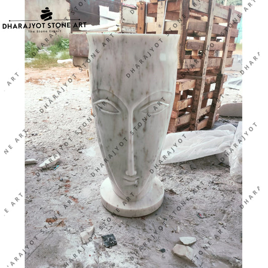 Hand-Carved Marble Face Sculpture Reflecting Minimalist Modern Art