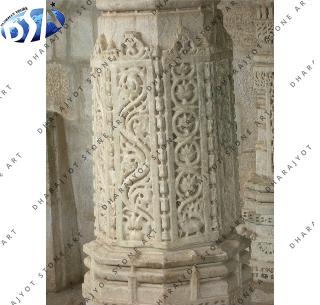 Polished Hand Carving White Marble Mandir Column Pillar