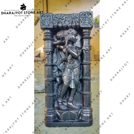 Hand-Carved Krishna Playing Flute Black Stone Idol