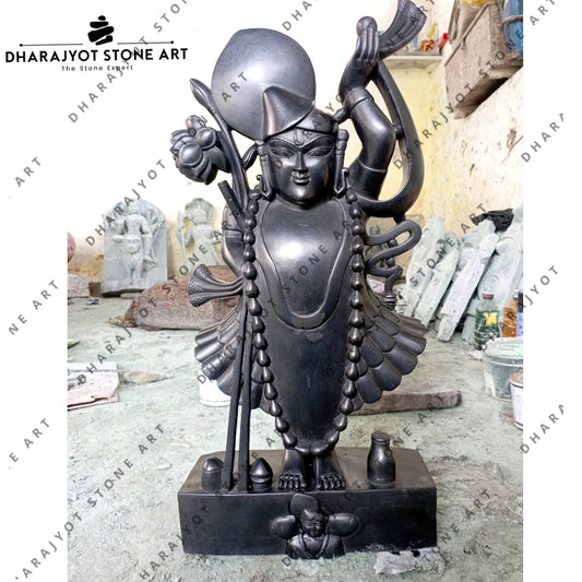 Carved Antique Garden Black Marble Shreenathji Statue
