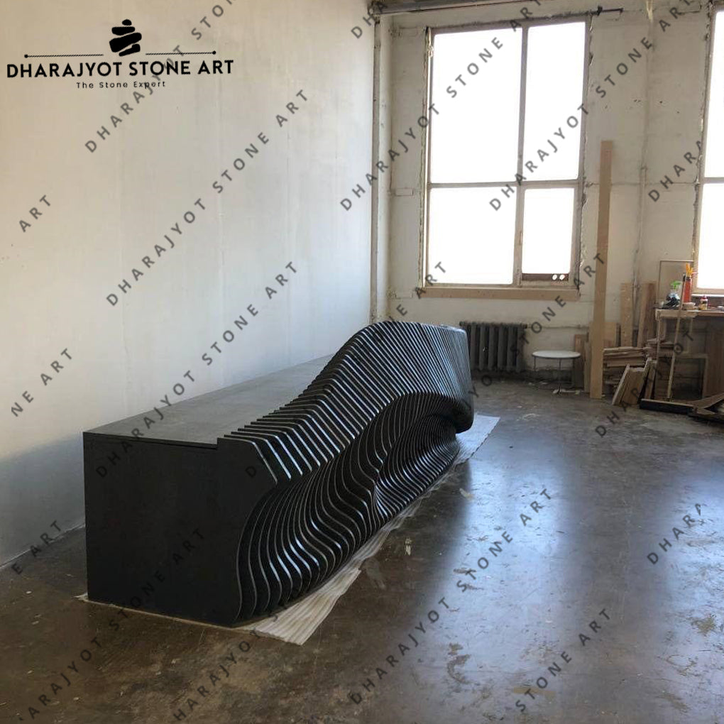 Modern Wave Design Hand-Carved Natural Black Stone Reception Table
