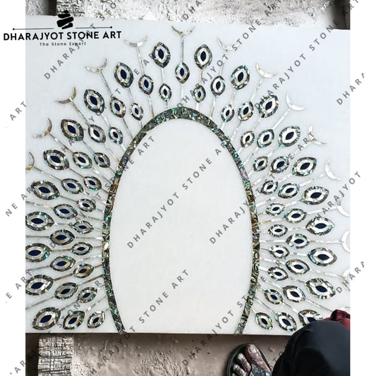 Elegant Handcrafted Peacock White Marble Inlay Table Top