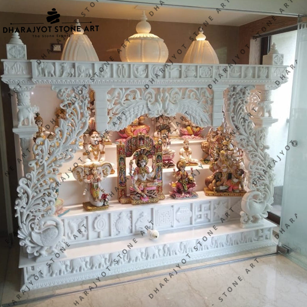 Hand-Carved Elegant Pure White Marble Pooja Mandir