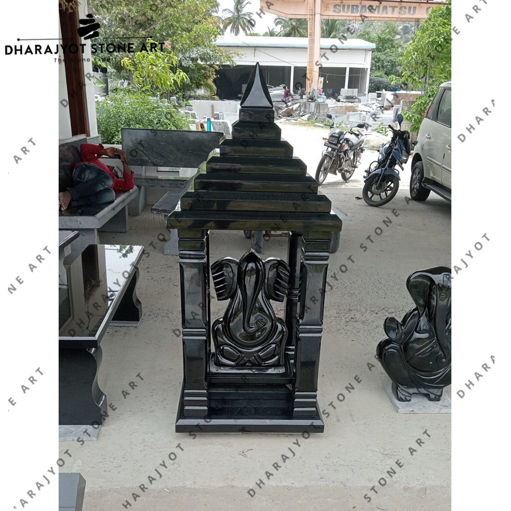 Handcrafted Black Granite Stone Temple with Lord Ganesha Idol