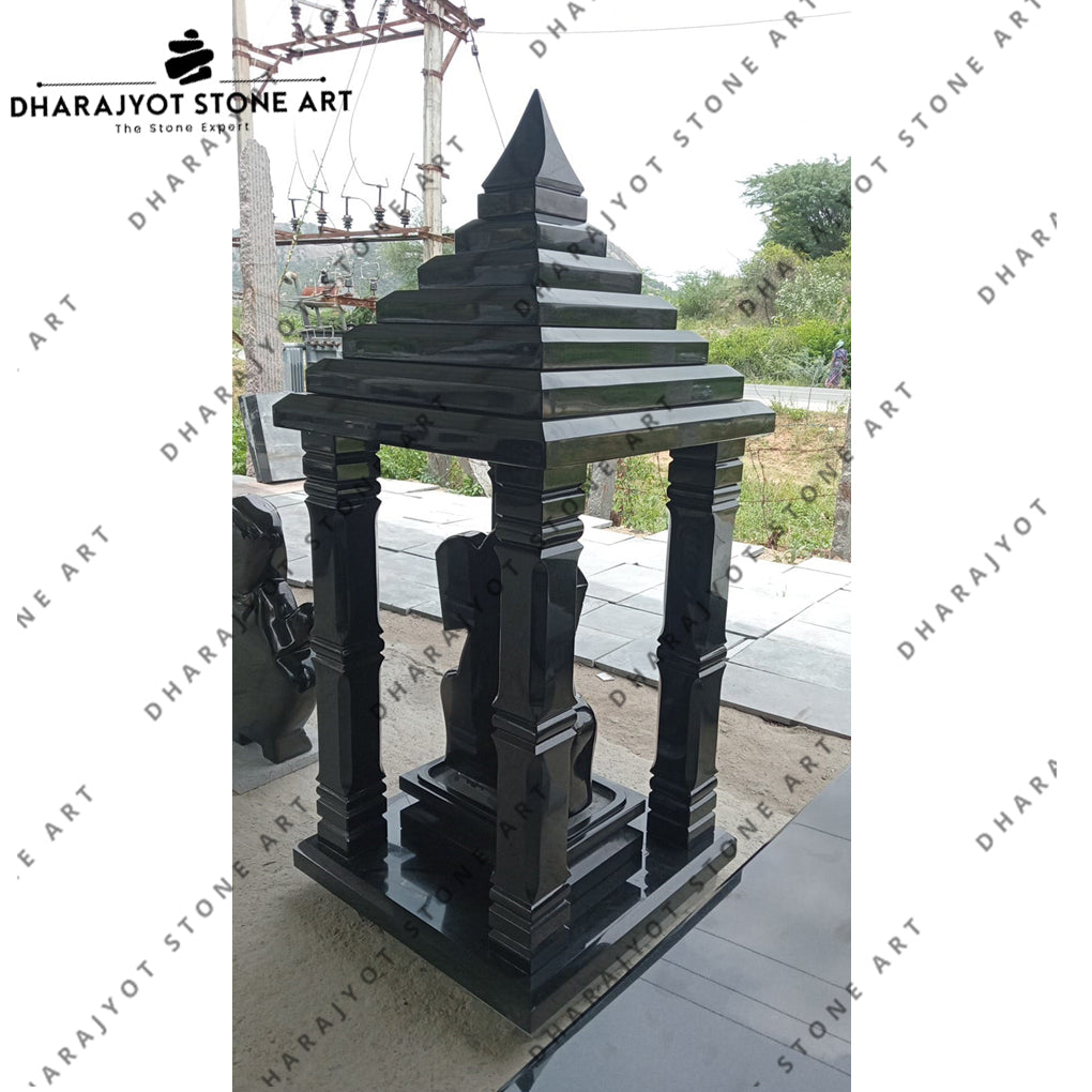 Handcrafted Black Granite Stone Temple with Lord Ganesha Idol