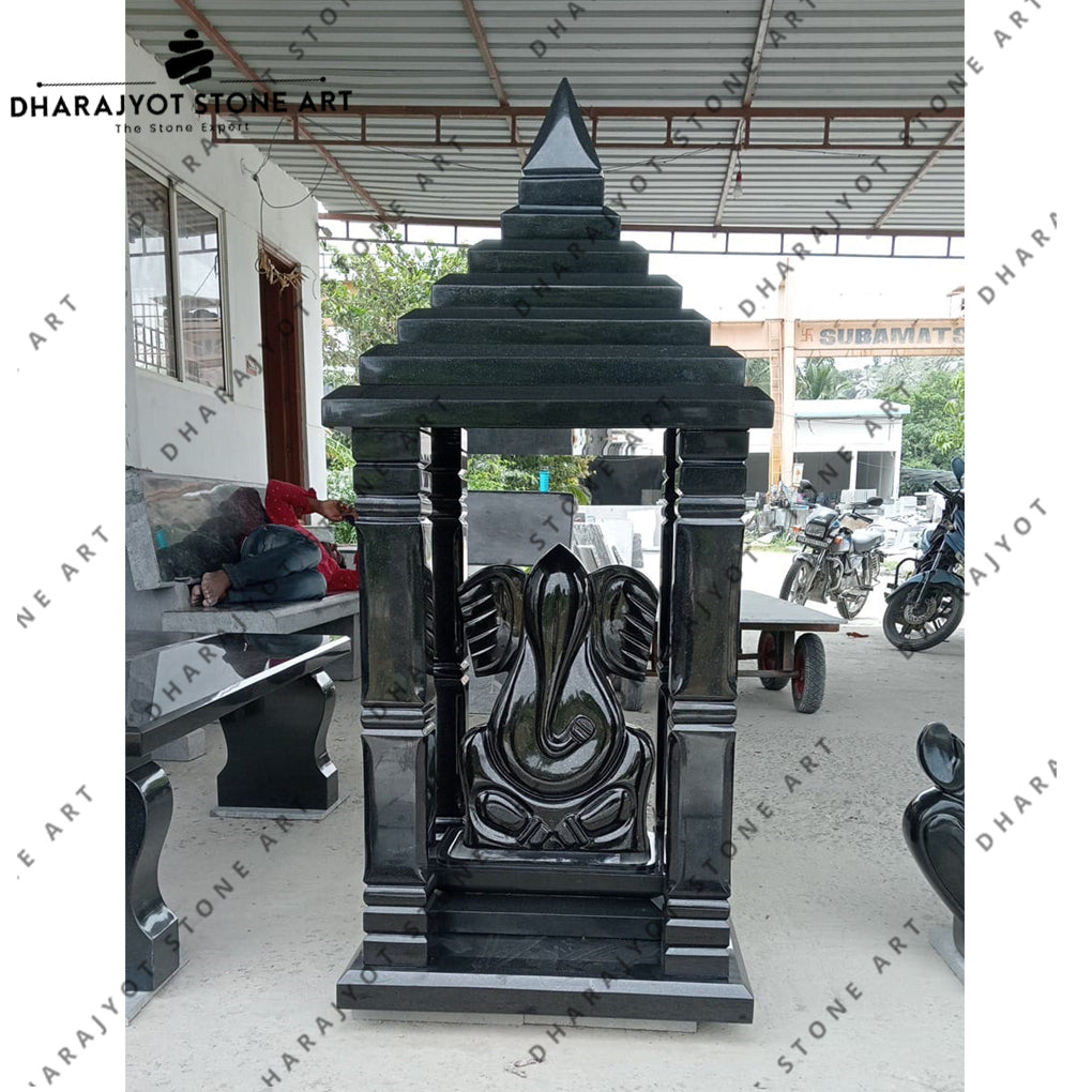 Handcrafted Black Granite Stone Temple with Lord Ganesha Idol
