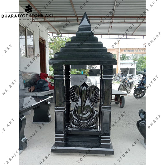 Handcrafted Black Granite Stone Temple with Lord Ganesha Idol