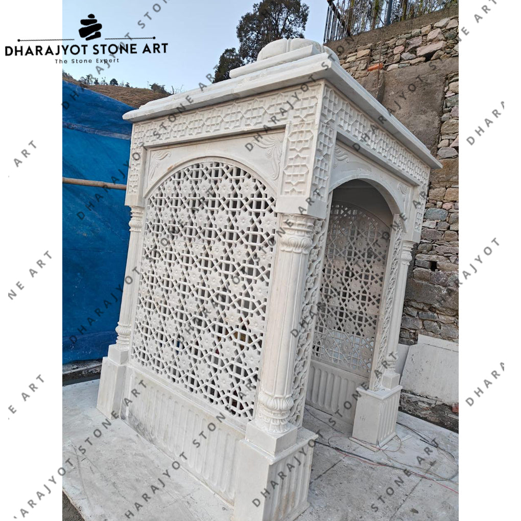 Home Elegant Handcrafted White Marble Temple with Intricate Jali Work