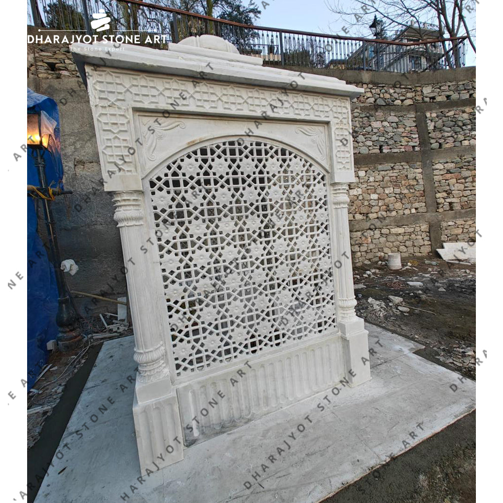 Home Elegant Handcrafted White Marble Temple with Intricate Jali Work