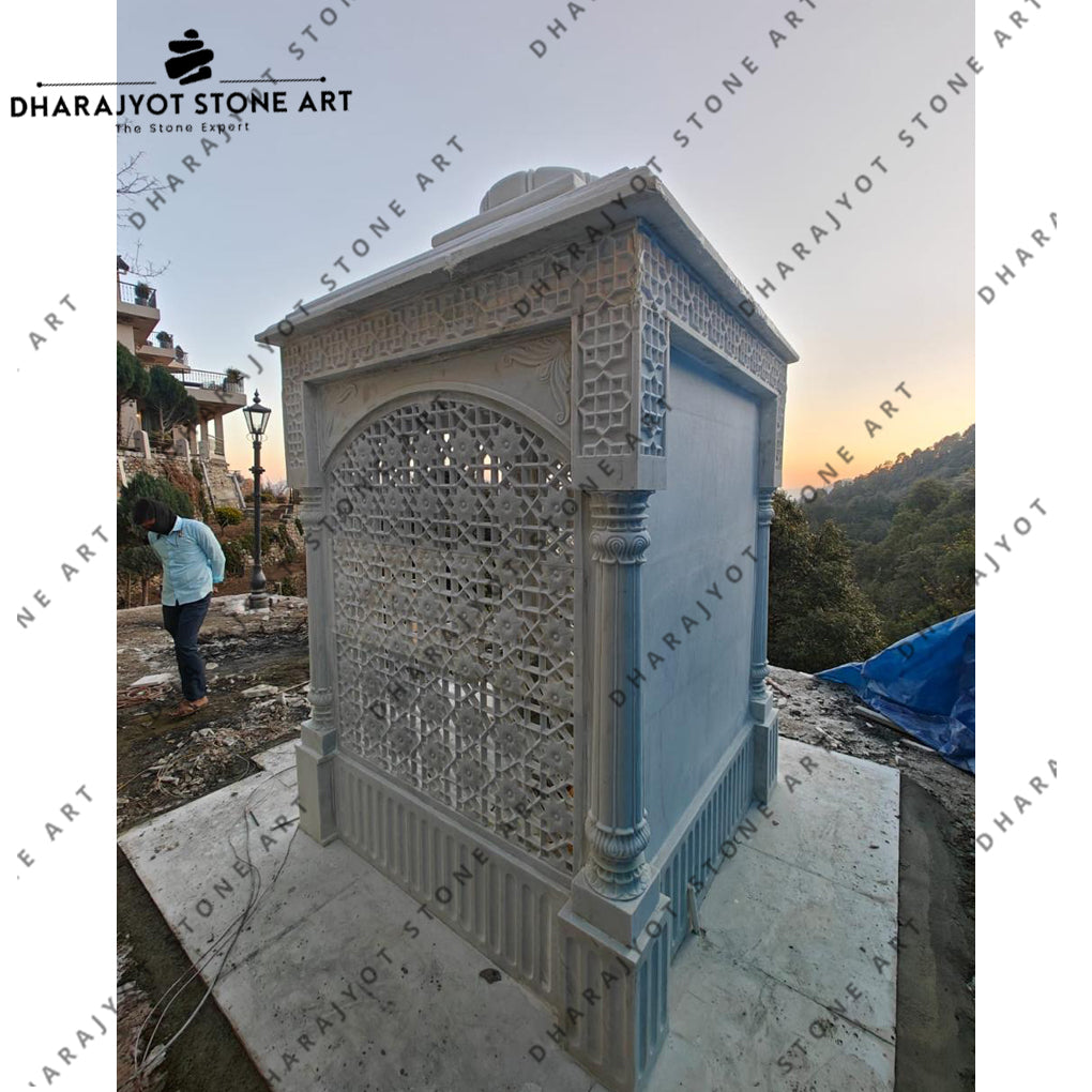 Home Elegant Handcrafted White Marble Temple with Intricate Jali Work