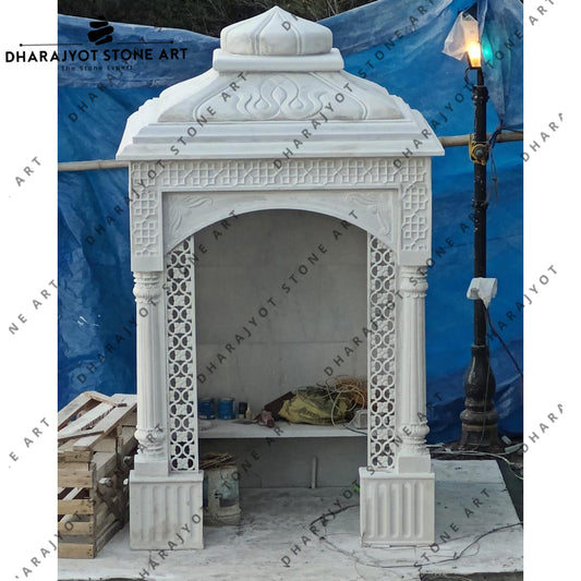 Home Elegant Handcrafted White Marble Temple with Intricate Jali Work