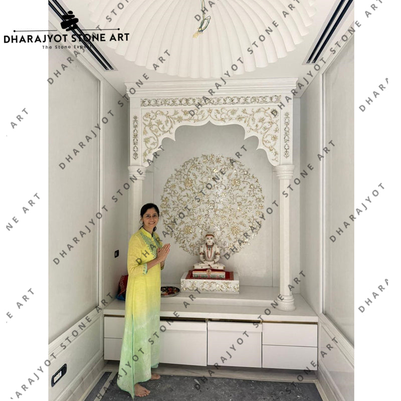 Elegant White Stone Handcarved Marble Puja Mandir for Home