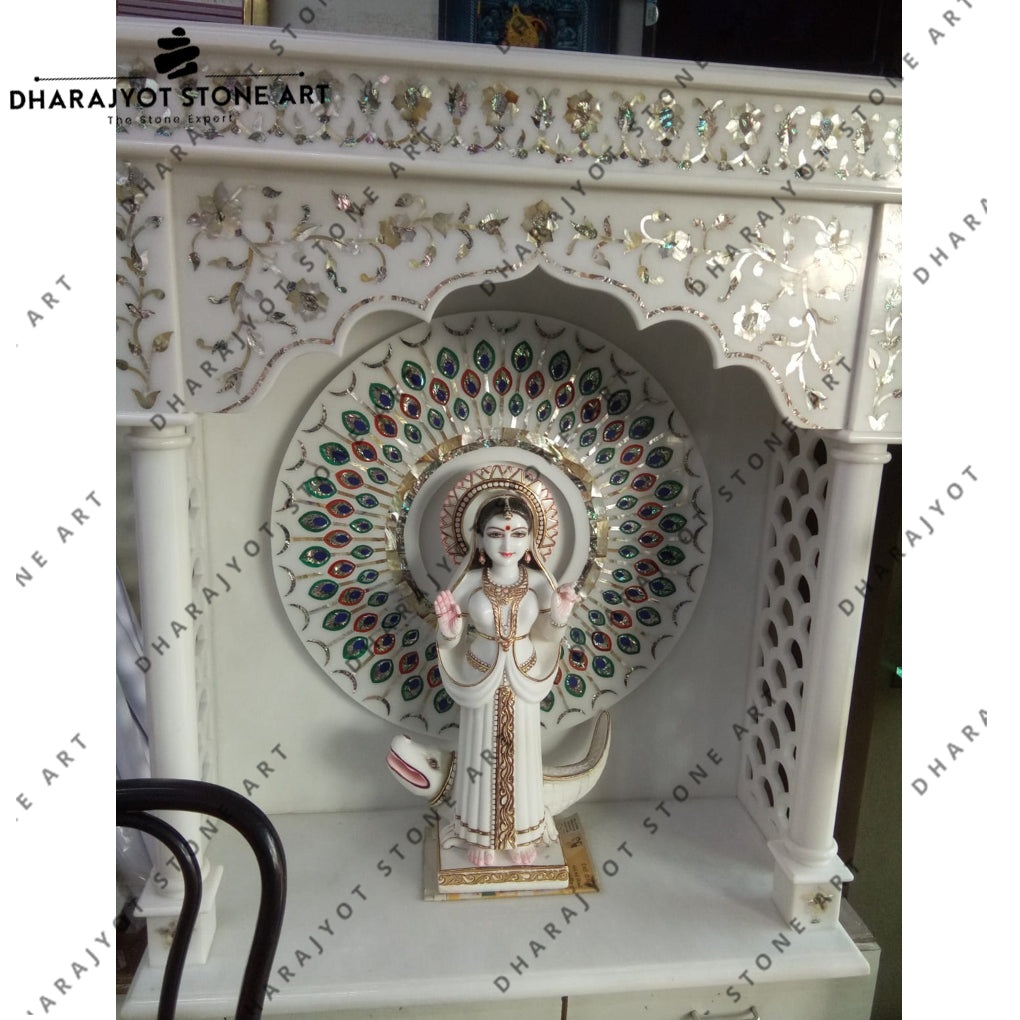 Home Traditional Inlay Handcarved Marble Puja Mandir for Home