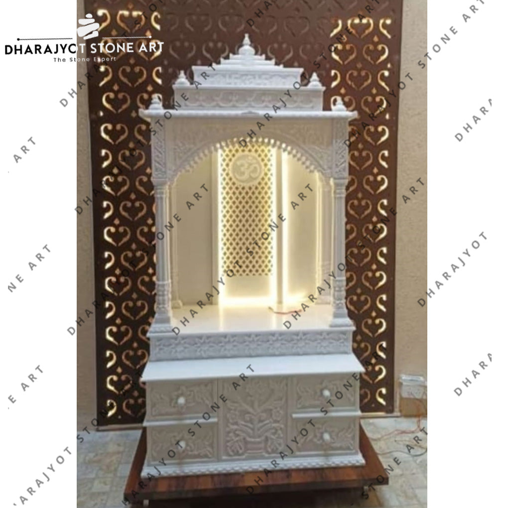 Traditional Jaali Work Back Hand-Carved White Marble Mandir