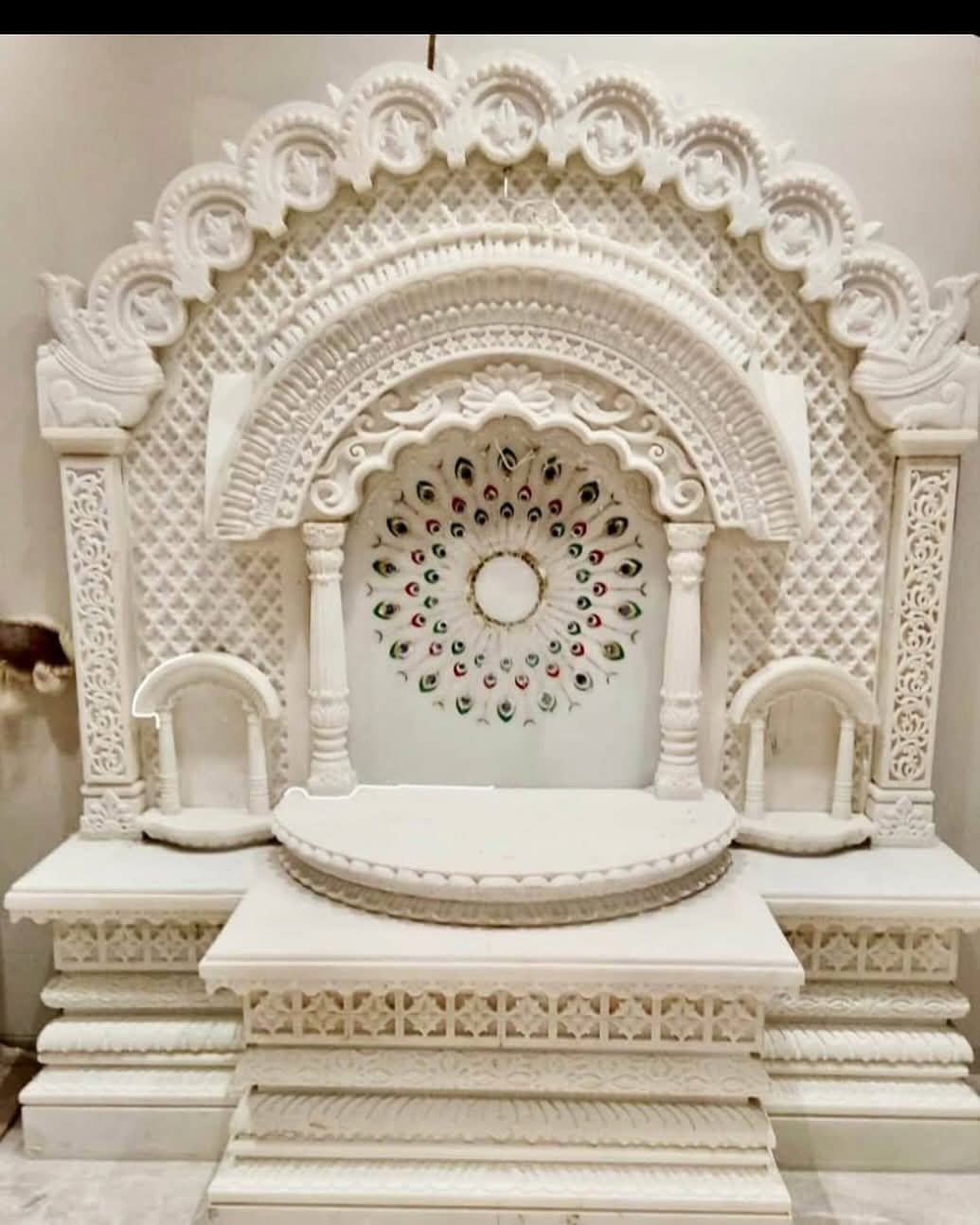 Peacock Feather Inlay And Traditional Jali Carving White Marble Pooja Mandir For Home