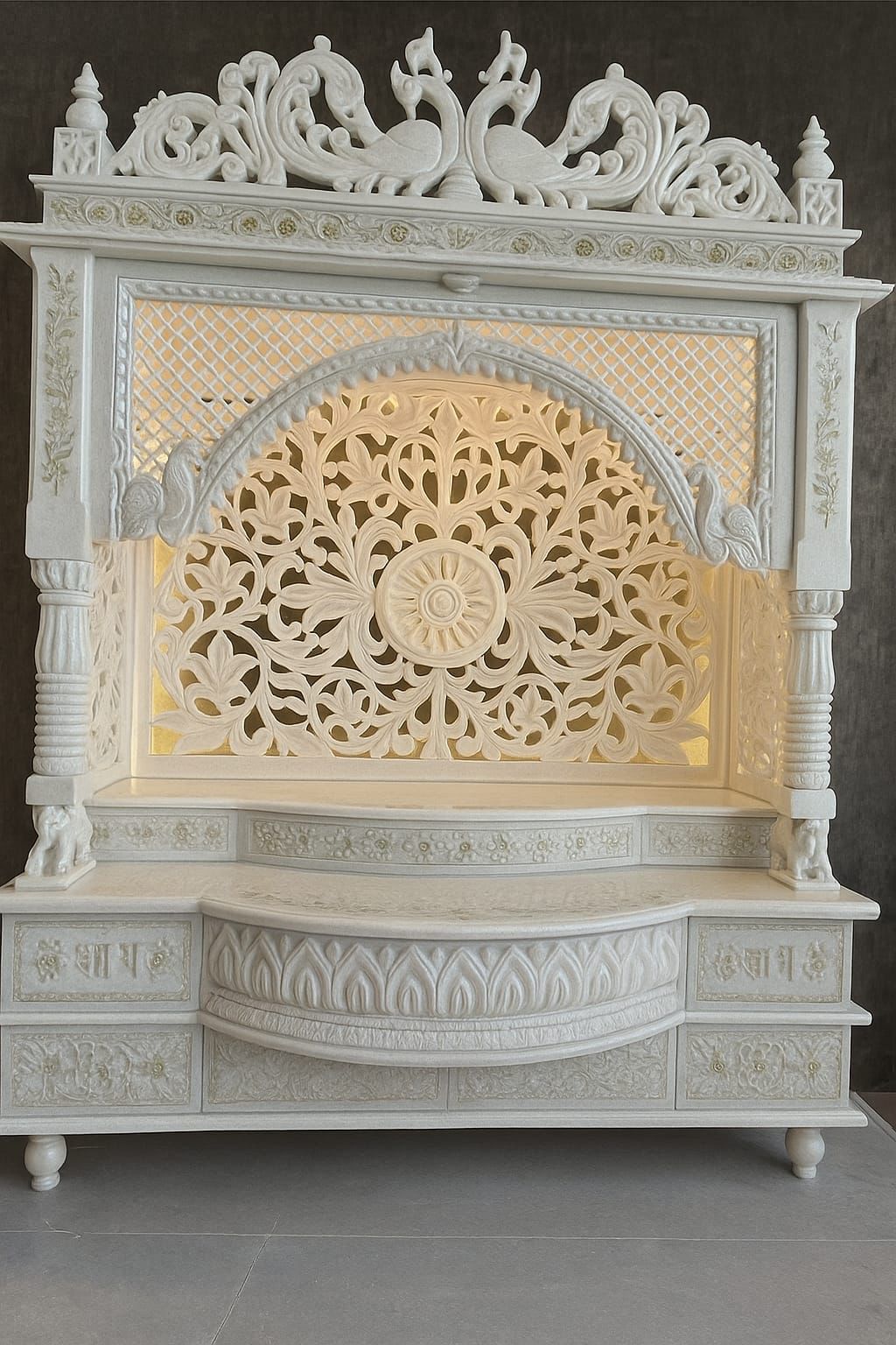 Intricate Jali Work Floral Hand Carved White Marble Temple