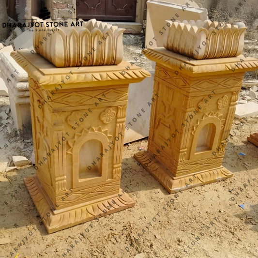 Traditional Carved Pedestal Sandstone Tulsi Kyara with Lotus Top
