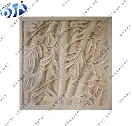 Natural Beige Bali Stone Relief Flower Carving Wall Hanging