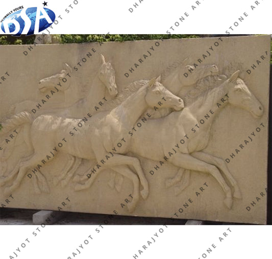 Yellow Sandstone Relief Horse Design Carving Wall Hanging