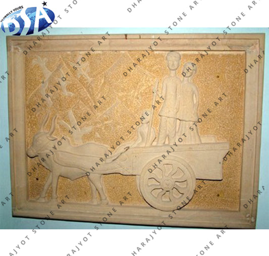 Traditional Hand Carved Natural Stone Village Bullock Cart Wall Hanging