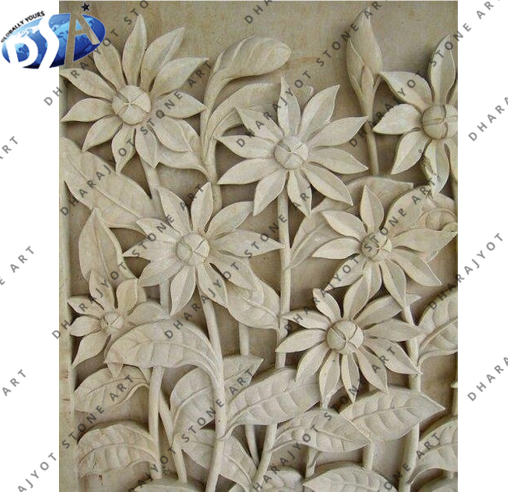 Natural Hand-Carved Floral Design Sandstone Wall Hanging