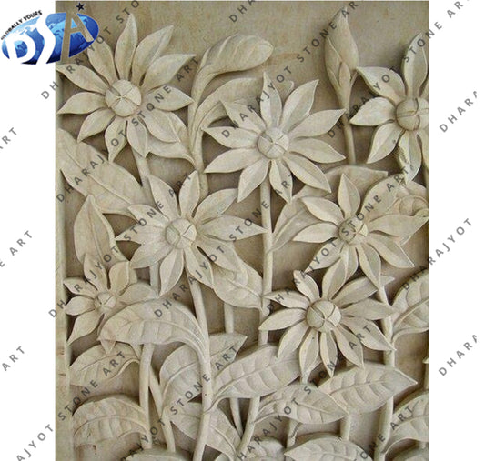 Natural Hand-Carved Floral Design Sandstone Wall Hanging
