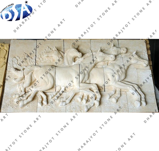 White Stone Carving Horse Relief Natural Marble Wall Hanging