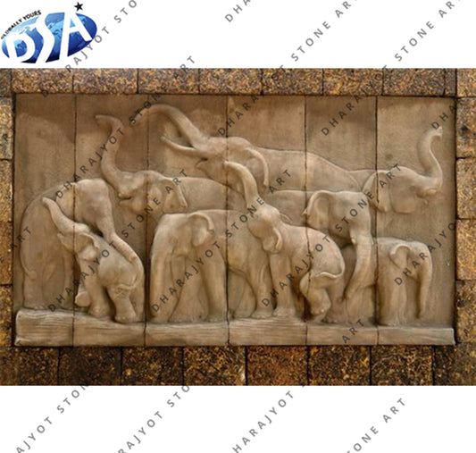 Custom Hand Carved Natural Sandstone Elephant 3D Art Wall hanging