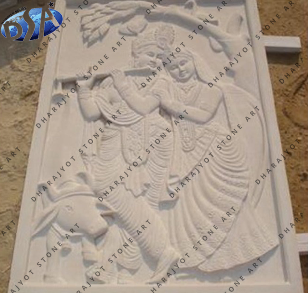 Custom Hand Carved White Stone Radha Krishna Wall Hanging
