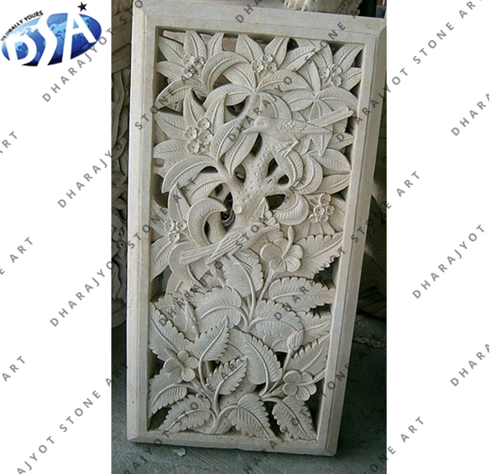 White Rectangle Flower & Leave Carved Sandstone Wall Hanging
