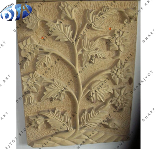 Home Decoration Hand Carved Sandstone Floral Tree Wall Hanging