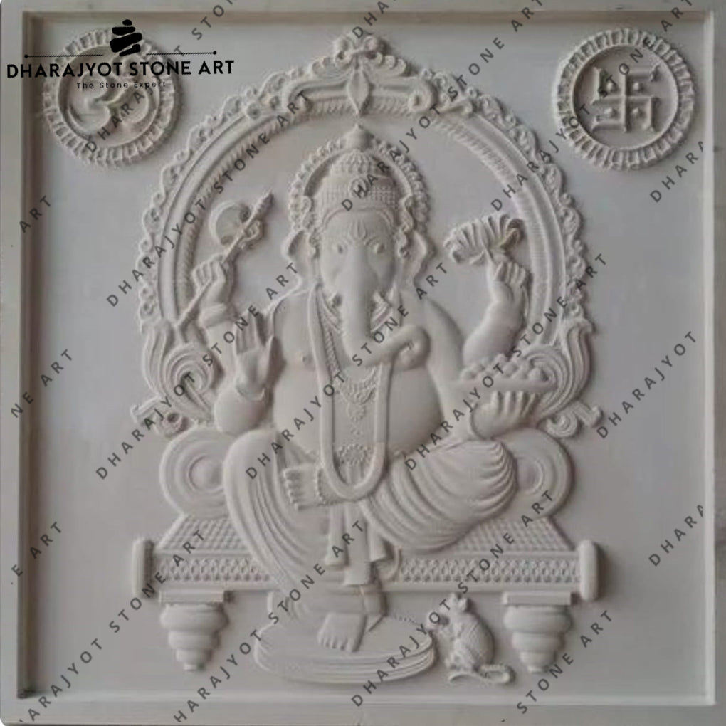 Hand Carved White Sandstone Lord Ganesha Wall Mural