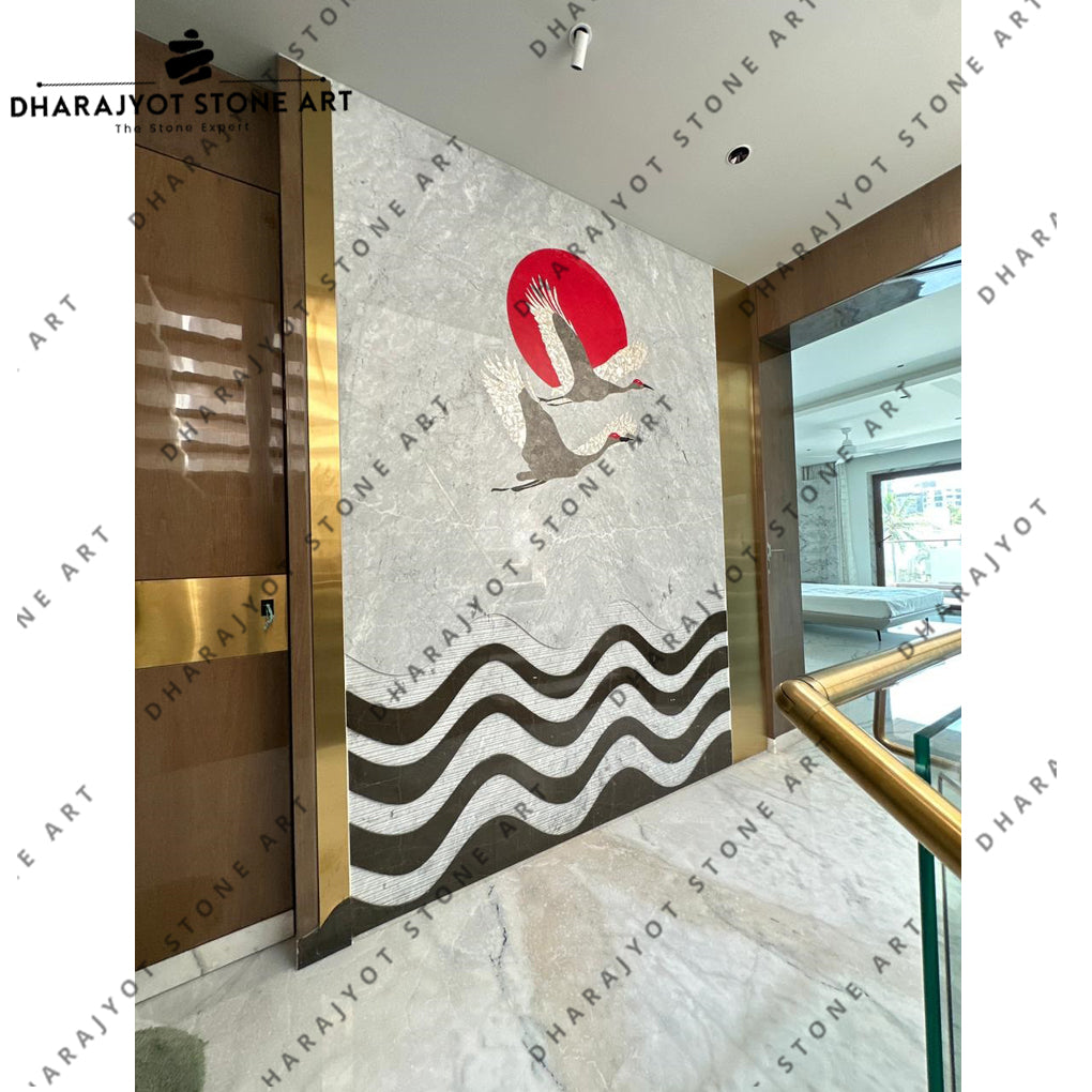 Elegant Handcrafted Flying Birds and Red Sun Design Stone Mural