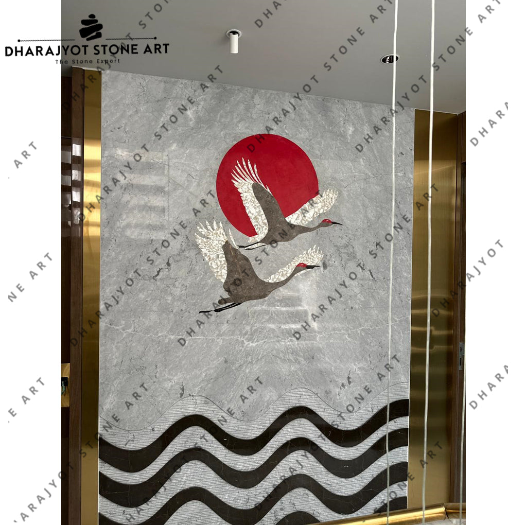 Elegant Handcrafted Flying Birds and Red Sun Design Stone Mural