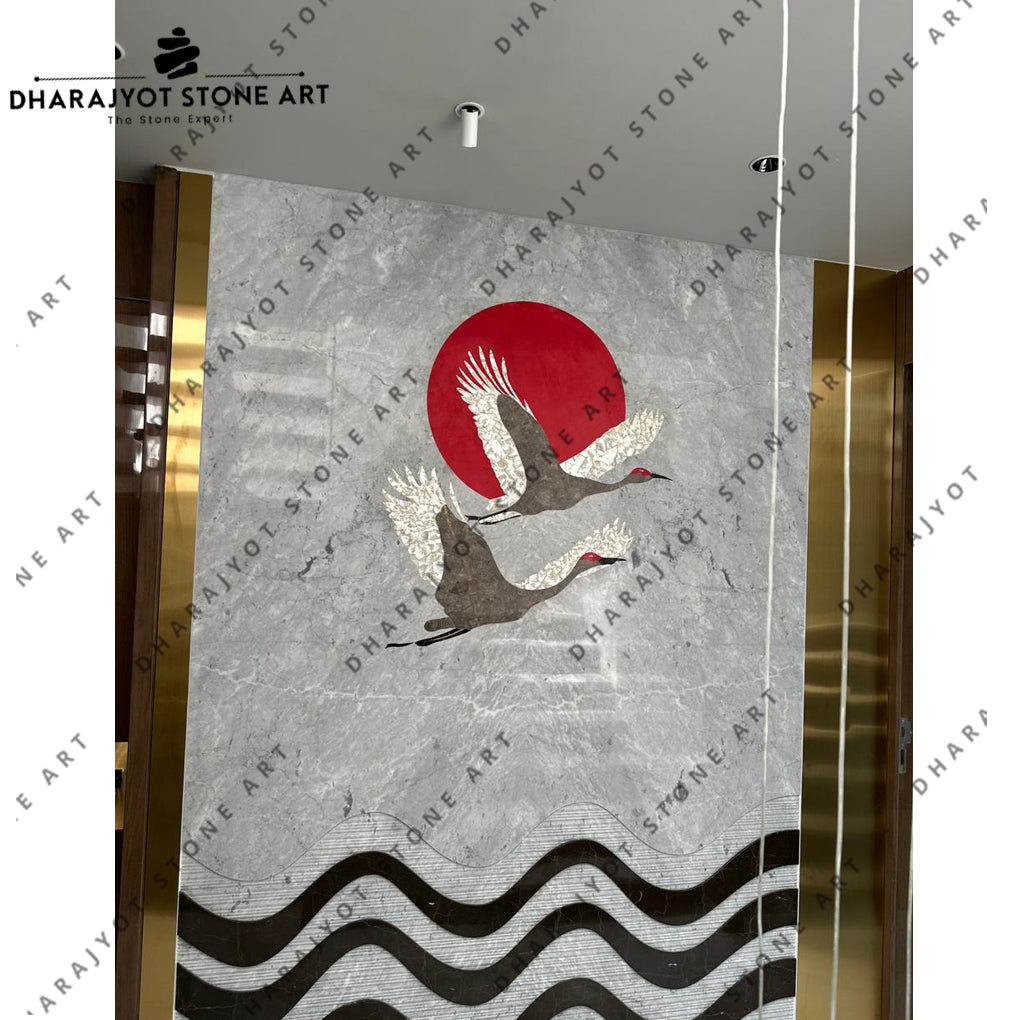 Elegant Handcrafted Flying Birds and Red Sun Design Stone Mural